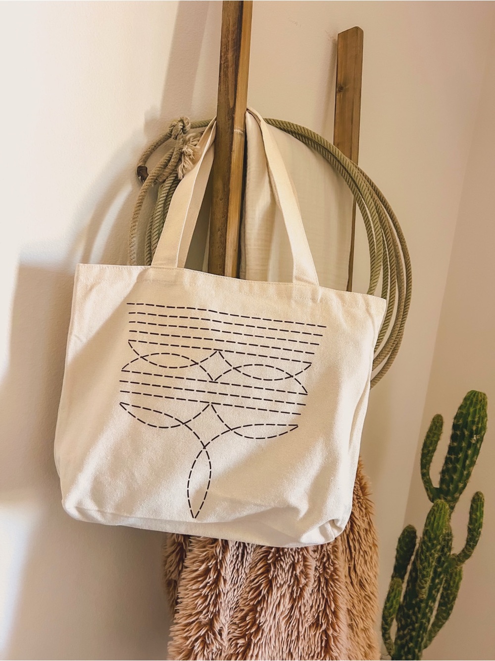 Canvas Tote Bag with Minimalist Stitch Design - Cream